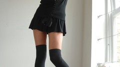 Woman blondes school uniforms stairways high heels