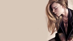 Woman blondes tattoos cleavage artwork Simple Background