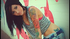 Woman blondes tattoos long hair blue eyes brunettes