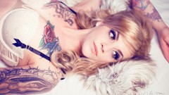 Woman blondes tattoos models boobs