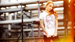 Woman blondes tattoos sunlight models bleachers