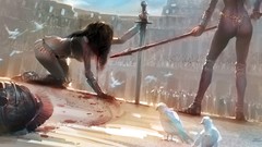 Woman blood arena Swords drawings spears sunlight battles 