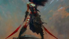 Woman blood armor Warriors Swords brunettes artwork looking up 