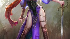 Woman blood elves legs blondes scarfs fantasy art purple dress 