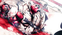 Woman blood green eyes lying down gas masks artwork futuristic