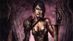 Woman blood scars armor Swords green eyes black hair cleavage 