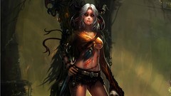 Woman blood white hair skulls artwork fantasy art