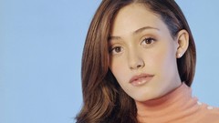 Woman blue background Celebrity Actress long hair brunettes 