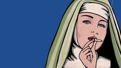 Woman blue background faces smoking nuns digital art pam poovey 