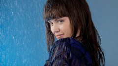 Woman blue background wet faces smiling brunettes models blue 