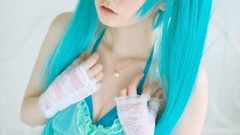 Woman blue cosplay vocaloid