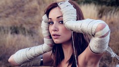 Woman blue eyes brunettes models Sierra Love exhaust wrap