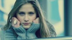 Woman blue eyes brunettes Natalia sweaters hands on face