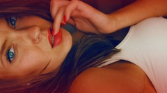 Woman blue eyes brunettes red lipstick