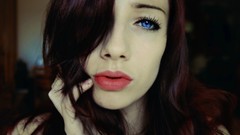 Woman blue eyes brunettes red lipstick redheads