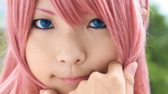 Woman blue eyes pink