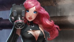 Woman blue eyes redheads cleavage gas masks artwork