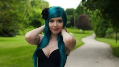 Woman blue hair models cleavage Andy Sheel