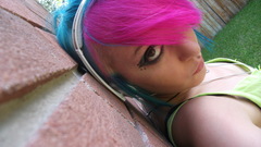 Woman blue hair pink