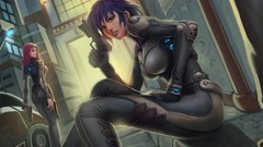 Woman blue hair short hair redheads artwork futuristic bodysuits