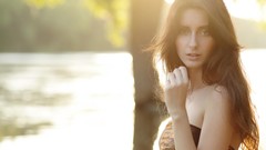 Woman blurred long hair green eyes brunettes