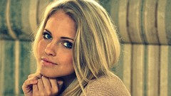 Woman bokeh blondes couch blue eyes models portraits