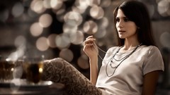 Woman bokeh legs brunettes models necklaces white shirts