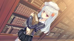 Woman Books Anime white hair red eyes long hair seifuku game cg 