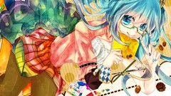 Woman Books food Pencils glasses skirts blue hair smiling long 