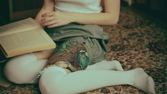 Woman Books Headless sitting poison legs tattoos knee socks 