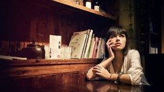 Woman Books Shelves kettle brunettes bangs models hands on face