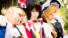 Woman bows blondes witches hakurei reimu touhou black hair 