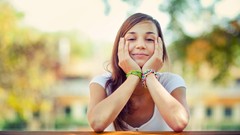 Woman bracelets brunettes depth of field leaning on elbows