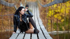 Woman Bridges stockings outdoors brunettes