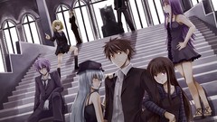 Woman brown dress white hair gloves blush long hair gray eyes 