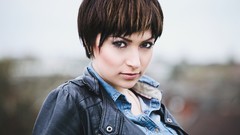 Woman brown eyes brunettes portraits denim clothing