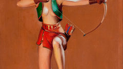 Woman brunettes archery pinups bow (weapon) miniskirts open 