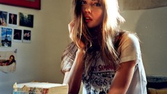 Woman brunettes bangs open mouth red lipstick hair in face