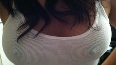 Woman brunettes boobs no bra nipples through clothing