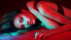 Woman brunettes bra lying down