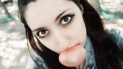 Woman brunettes bubble gum