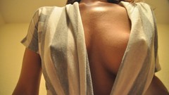 Woman brunettes cleavage boobs nipples through clothing