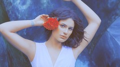 Woman brunettes flower in hair lea michele arms raised