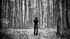 Woman brunettes forests grayscale