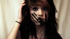 Woman brunettes high five shut up handprint