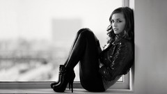 Woman brunettes leggings grayscale high heels window panes 
