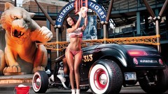 Woman brunettes models bikini car wash high heels girls with 