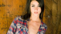 Woman brunettes models checkered clothing open shirt Erotic 