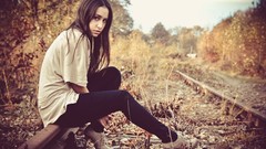 Woman brunettes models railroad tracks