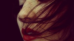 Woman brunettes open mouth red lipstick